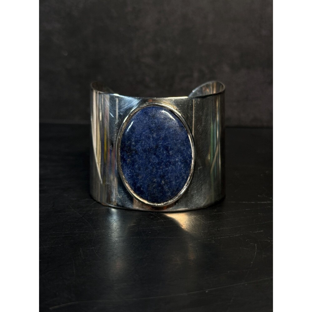 Vintage Blue Aventurine Silvertone Wide Cuff Bracelet Size 6.5